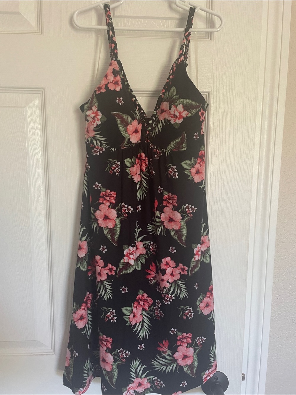 Derek Heart Black Dress with Pink Floral & Green Leaf Print - XS